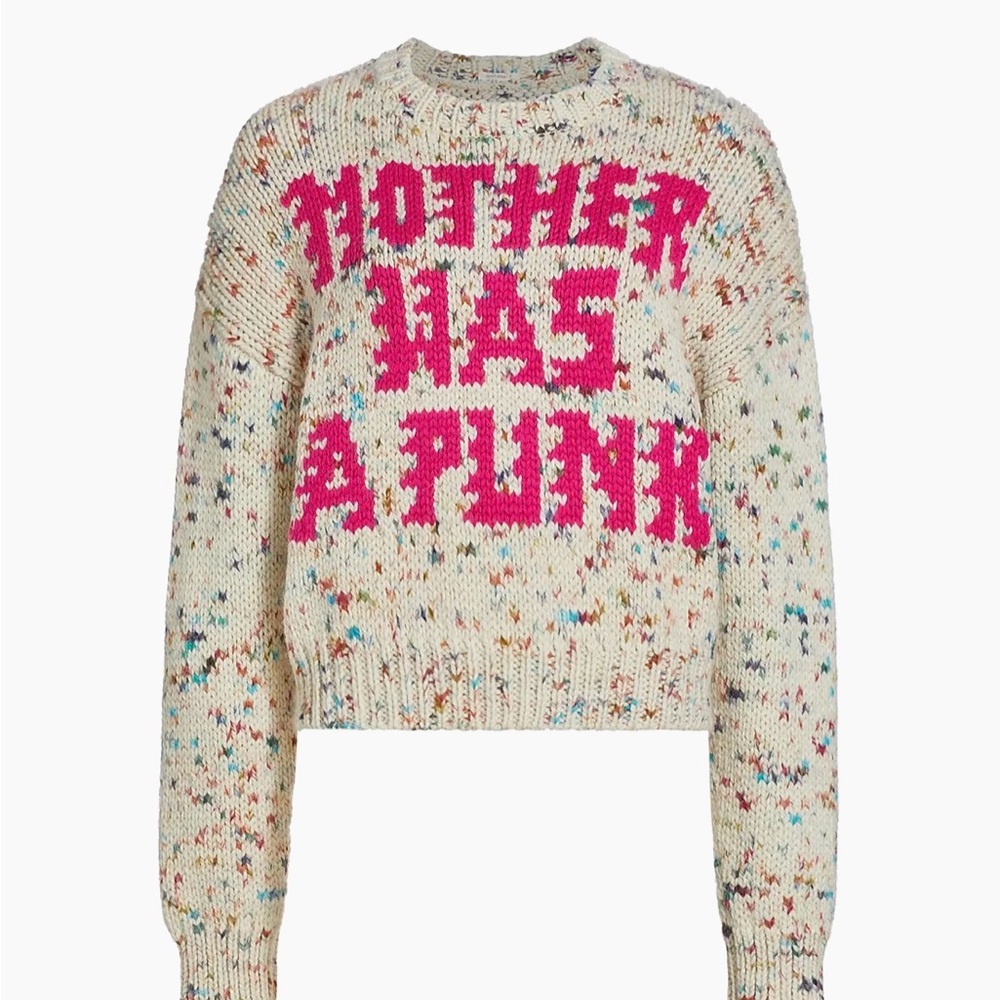 MOTHER Cream Speckled Crewneck Sweater with Pink Intarsia